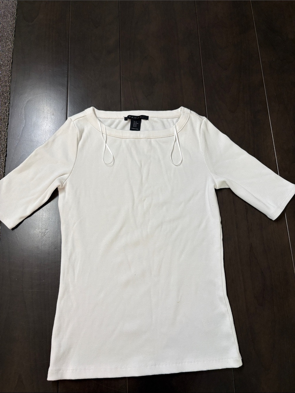 Tahari Cream Ribbed Elbow-Sleeve Boatneck Top